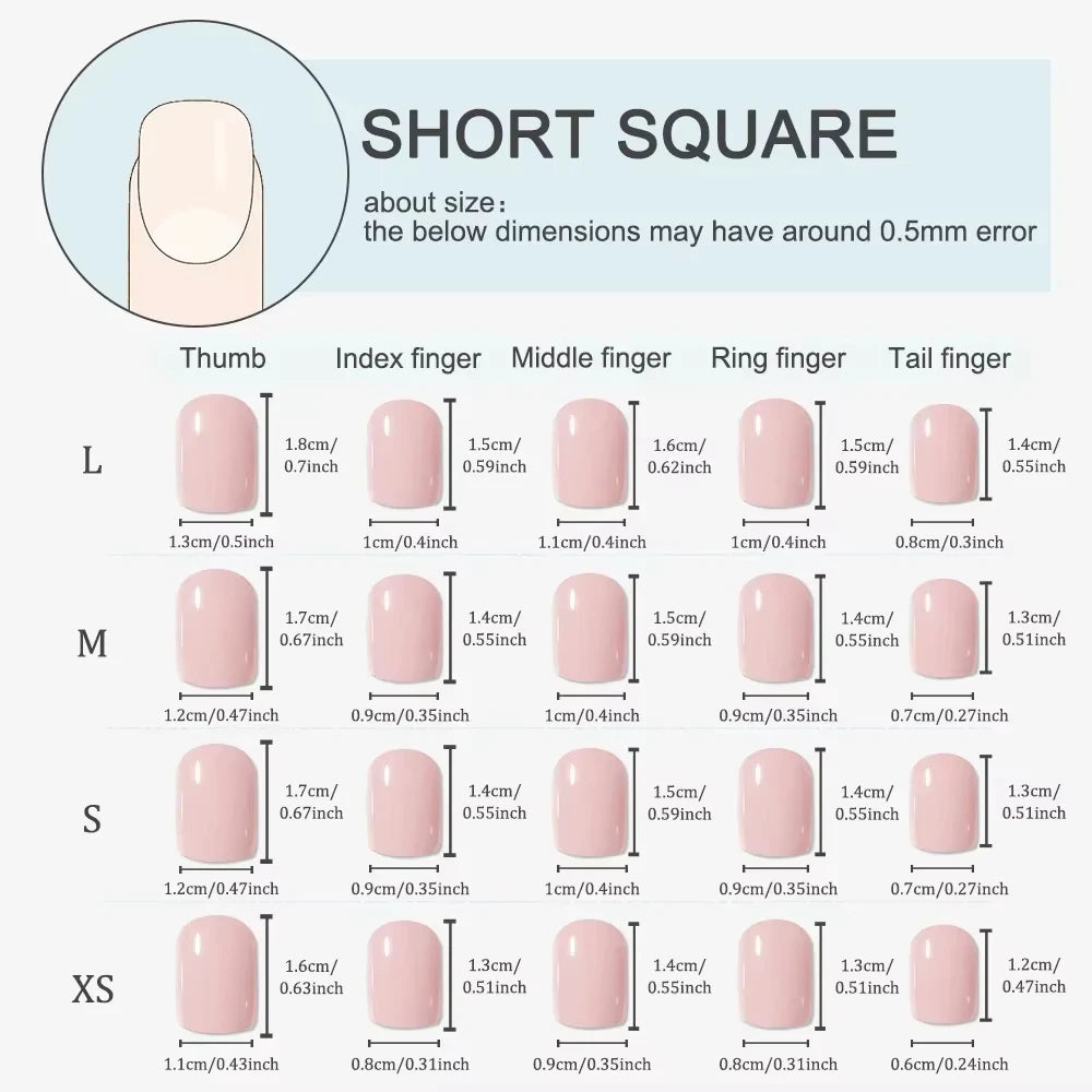 A chart showing dimensions for short square press-on nails in lengths L, M, S, and XS sizes.