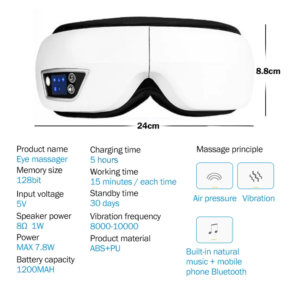White portable eye massager device shown from the front with specifications and dimensions.