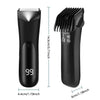 A black precision electric body hair trimmer shown in profile with dimensions.