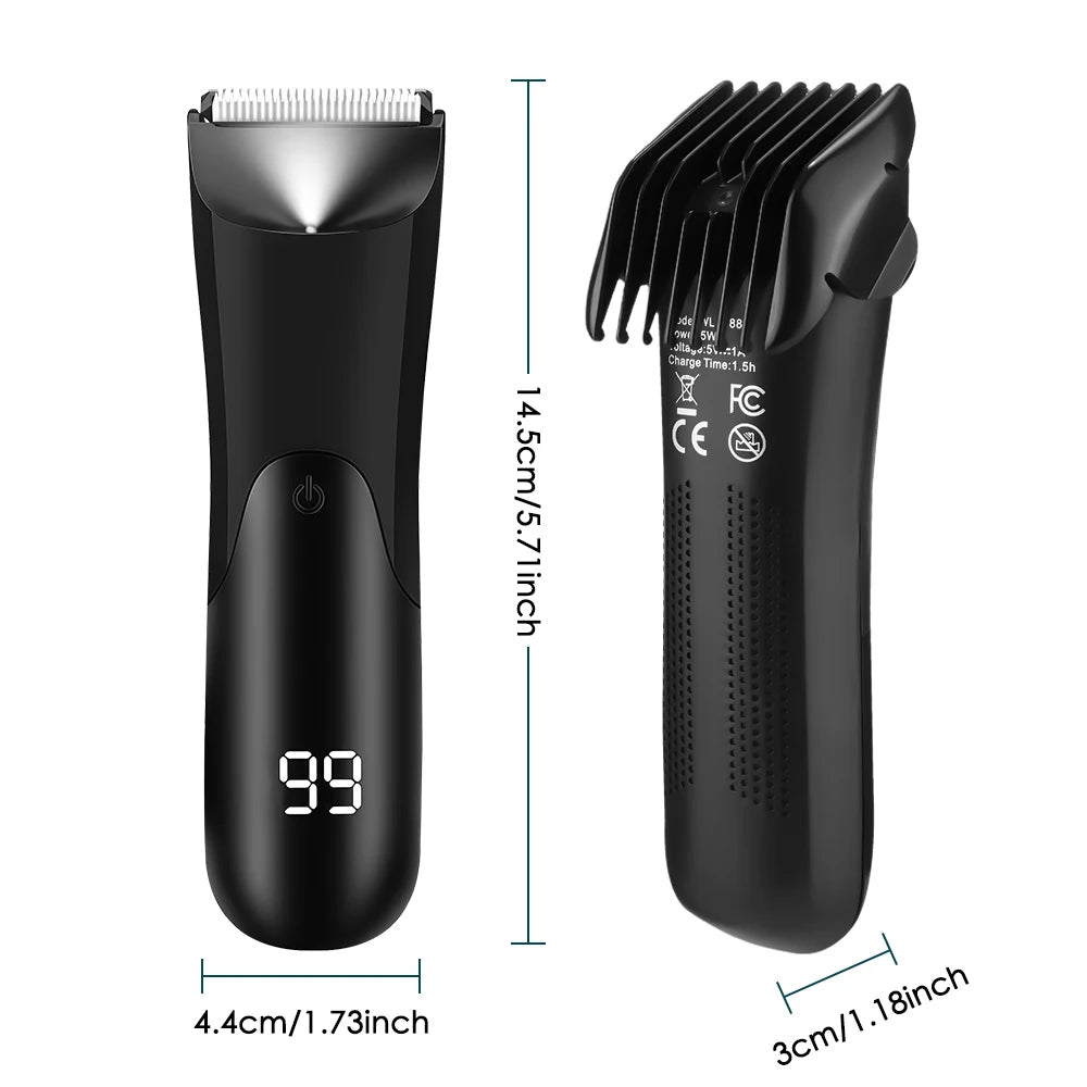 A black precision electric body hair trimmer shown in profile with dimensions.