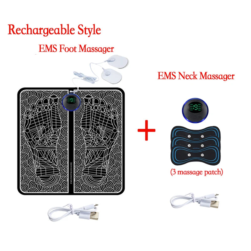 A set of rechargeable EMS foot massager and neck massager devices with accompanying massage patches.