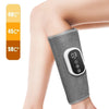 A gray heated calf and knee massager device is shown on a person's leg, with temperature settings displayed.
