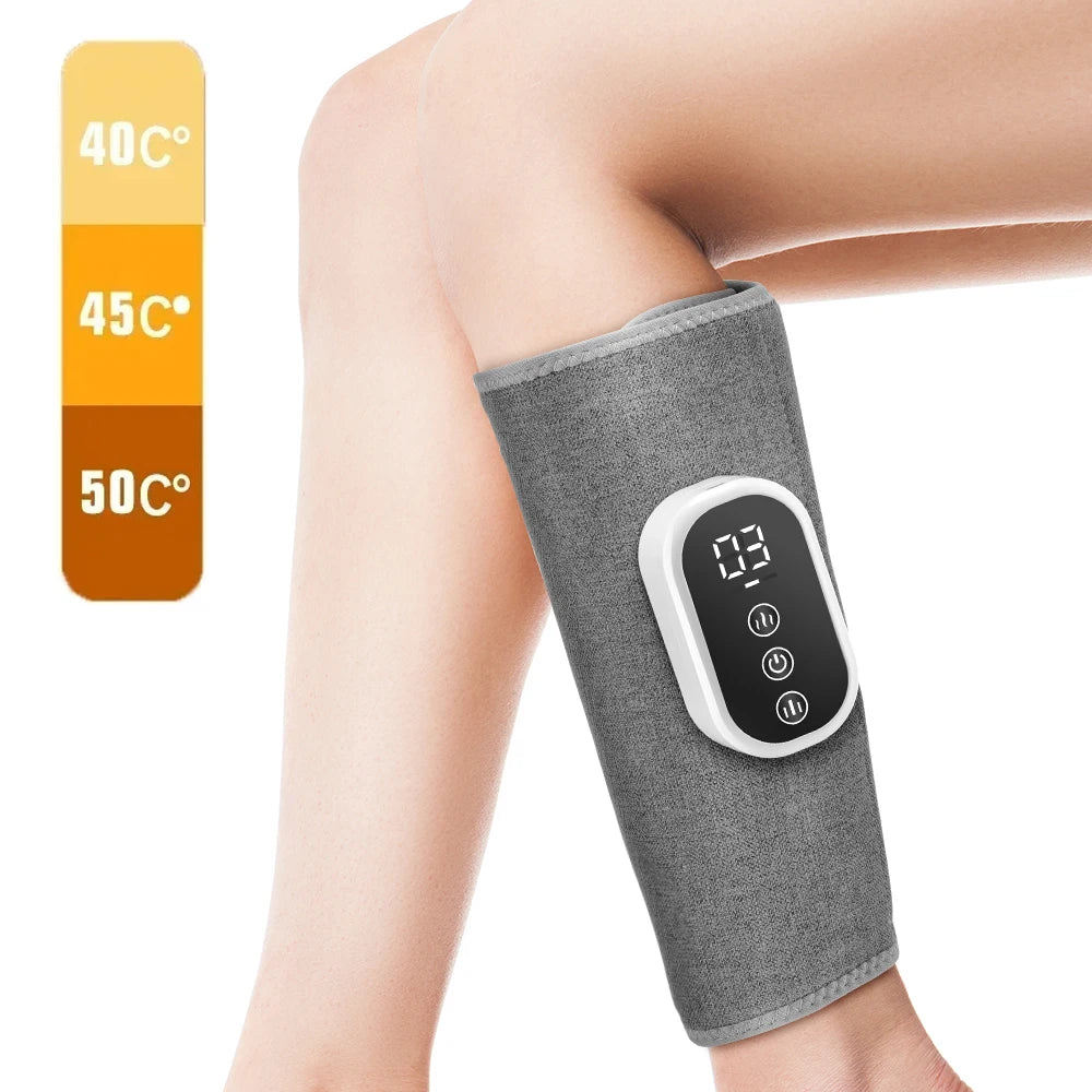 A gray heated calf and knee massager device is shown on a person's leg, with temperature settings displayed.