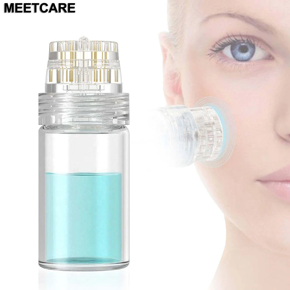 A clear glass bottle of microneedling serum next to a woman's eye applying the product.