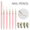 A set of five pink nail pencils and several nail tips are displayed for professional nail art.