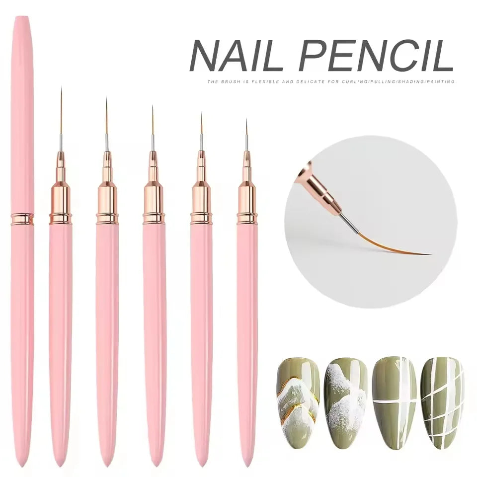 A set of five pink nail pencils and several nail tips are displayed for professional nail art.