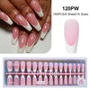 A set of luxury nude pink ballet length false fingernails in various sizes and finishes.