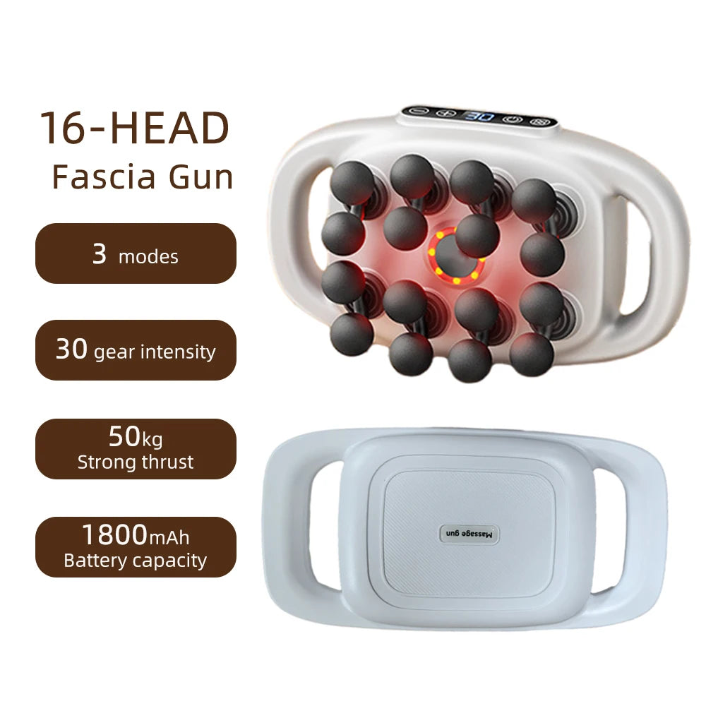 A white 16-head fascia gun massage device with a handle and a separate battery unit.