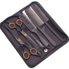 A black zippered case containing professional stainless steel hairdressing scissors, combs, and brushes.