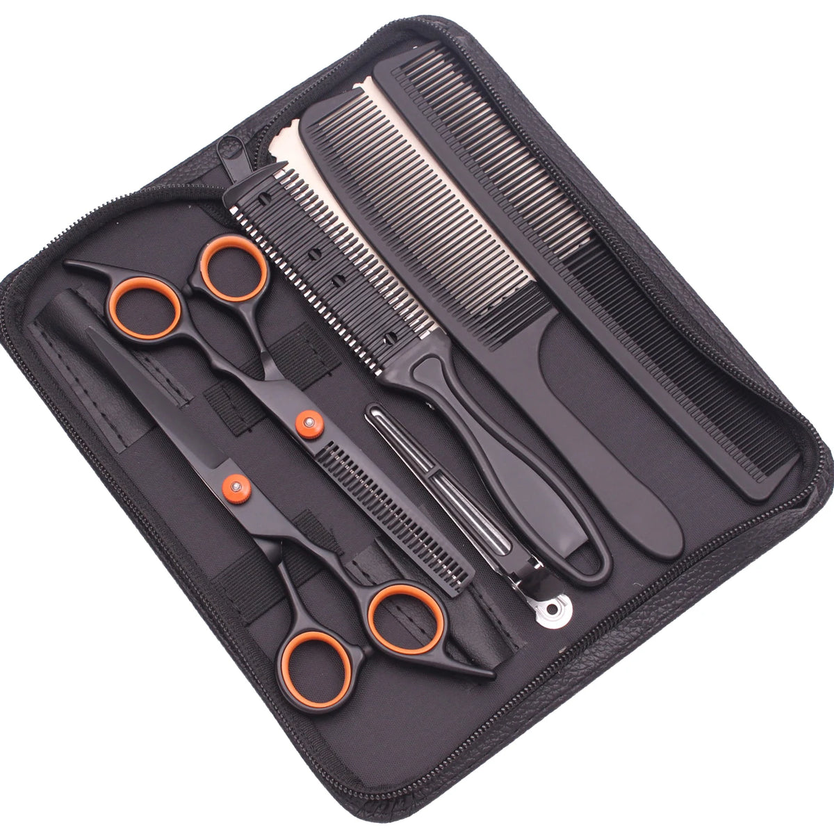 A black zippered case containing professional stainless steel hairdressing scissors, combs, and brushes.