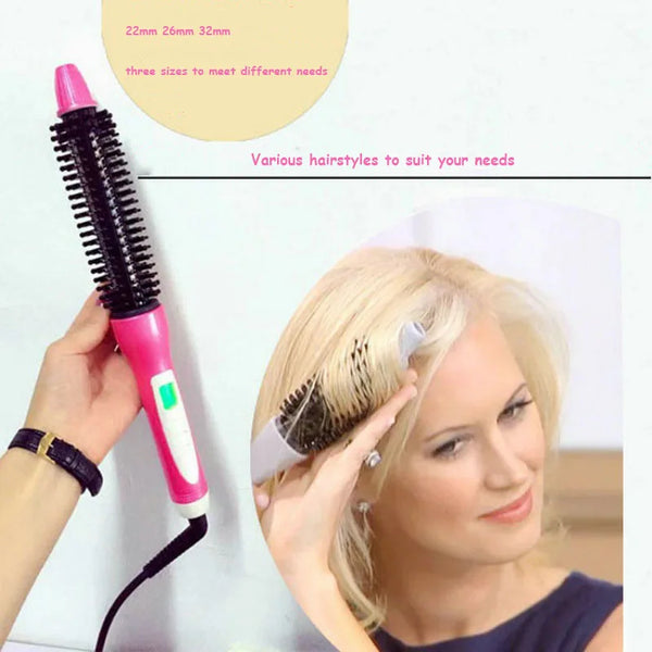 A hand holds a pink hair styling tool with various attachments, demonstrating different hairstyles on a woman's blonde hair.