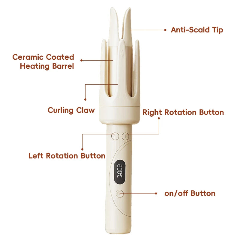 A white professional rotating curling iron with a ceramic coated heating barrel and various control buttons.
