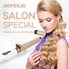 A woman is using a professional electric hair curler on her blonde hair for a salon special.