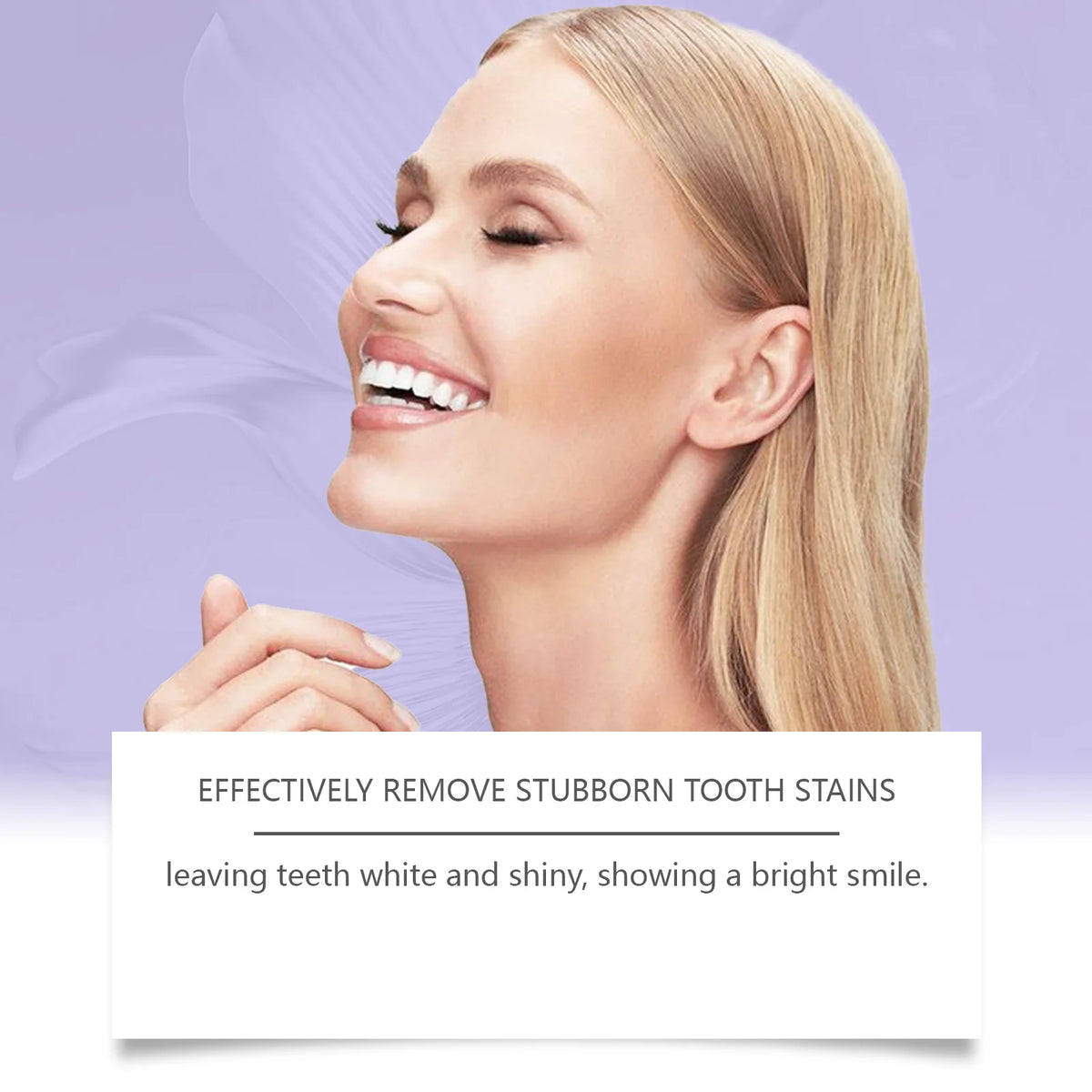A woman smiling with bright white teeth, demonstrating the effect of tooth whitening strips.