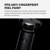 Close-up view of a black electric shaver with a PPG anti-fingerprint feel paint applicator.
