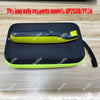 A black and lime green carrying case for beard shaver trimmers, with a model compatibility notice.