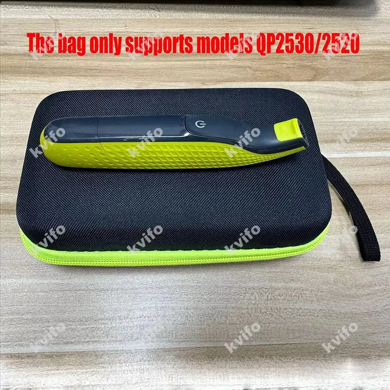 A black and lime green carrying case for beard shaver trimmers, with a model compatibility notice.