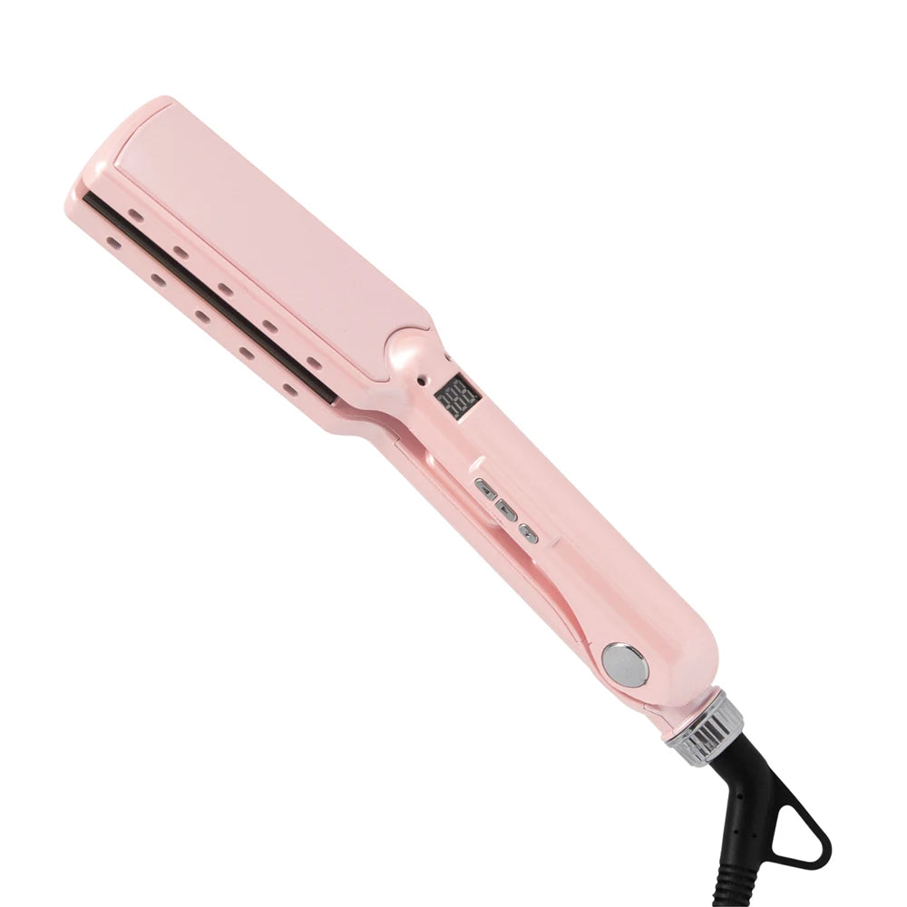A pink professional titanium hair straightener with a black cord and nozzle.