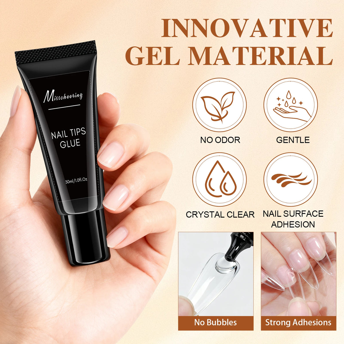 A hand holds a black tube of innovative gel material nail tips glue with various features listed.