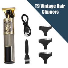 A set of T9 Vintage Hair Clippers including a main body and several interchangeable plastic guards.