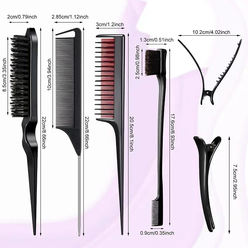 A set of black hair styling combs and brushes including various sizes for voluminous looks
