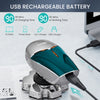 A silver and teal electric head shaver is shown next to charging cables and promotional text for a USB rechargeable battery.