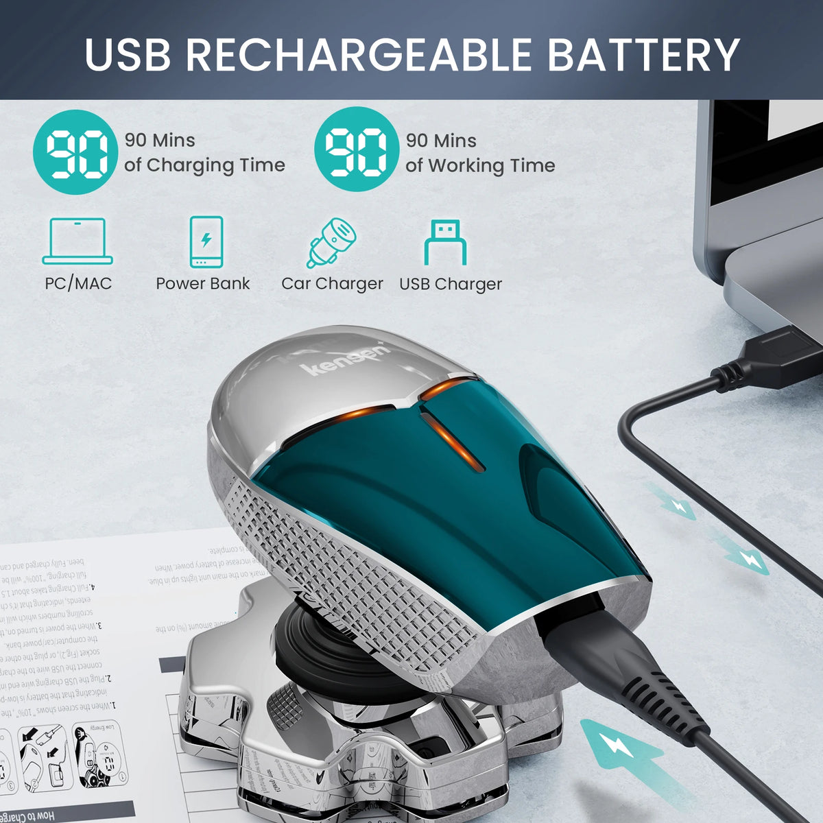 A silver and teal electric head shaver is shown next to charging cables and promotional text for a USB rechargeable battery.