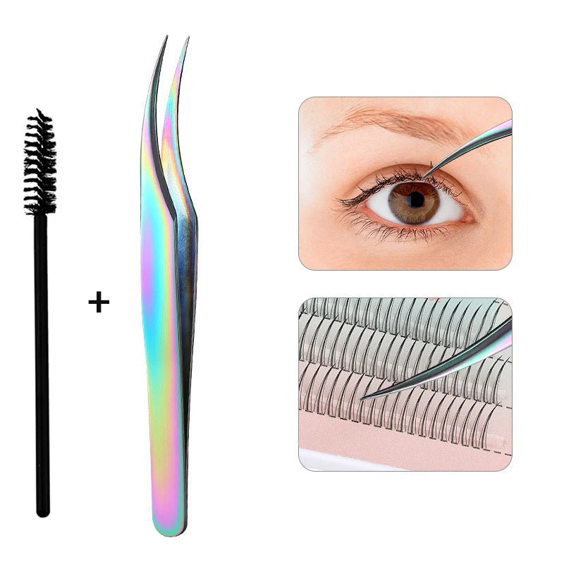 Precision stainless steel eyelash tweezers shown with a single tool and a set of curved tweezers for eye makeup application.