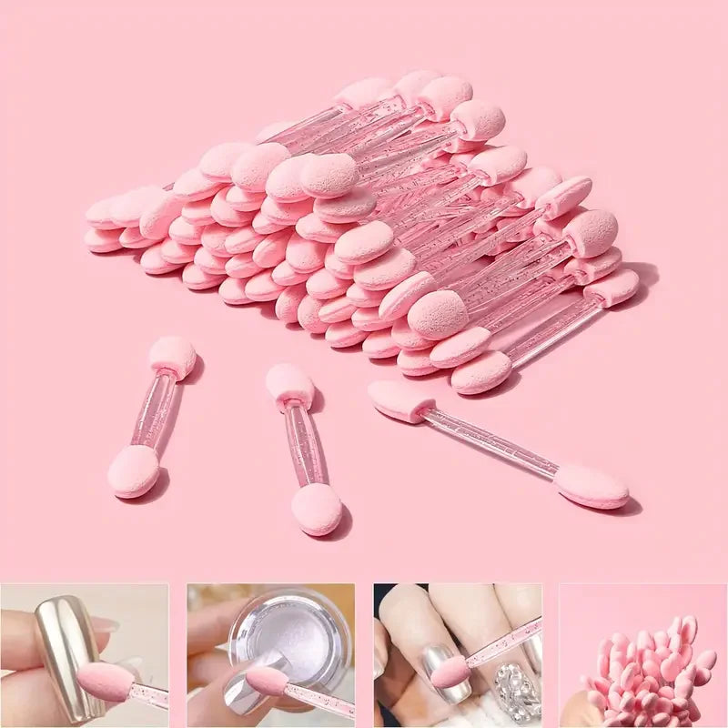 A pink double-sided nail art brush with sponge applicator is shown in various forms and close-ups.