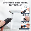 A hand demonstrates how to detach, rinse, and reinstall the blade head of a detachable electric nose and ear hair trimmer.