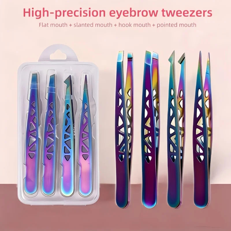 A set of high-precision eyebrow tweezers including flat, slanted, hook, and pointed mouth tweezers in a clear case.