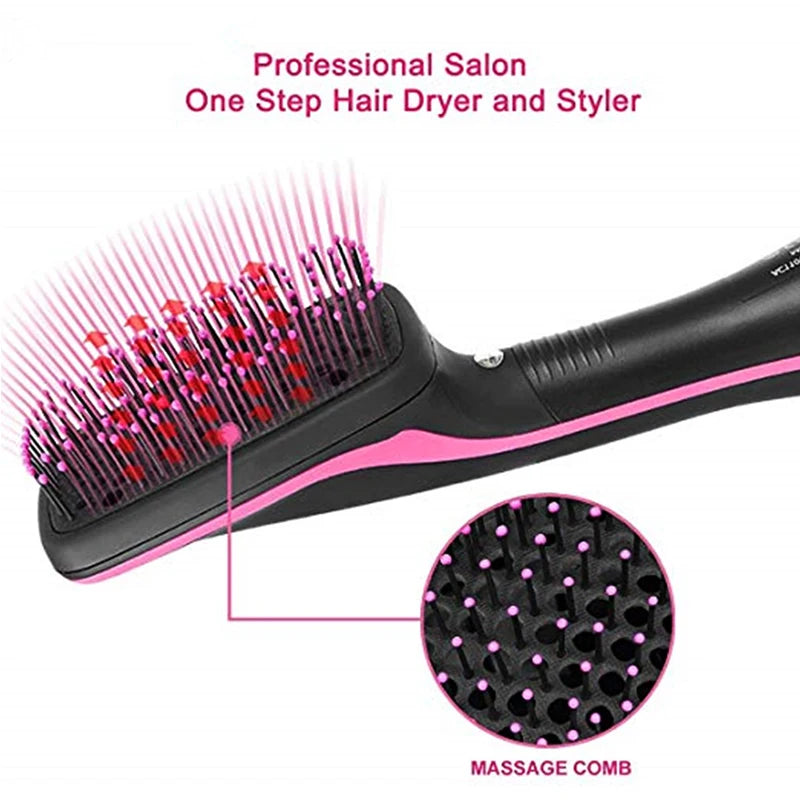 A black hair dryer and styler featuring a pink silicone brush for professional salon use.