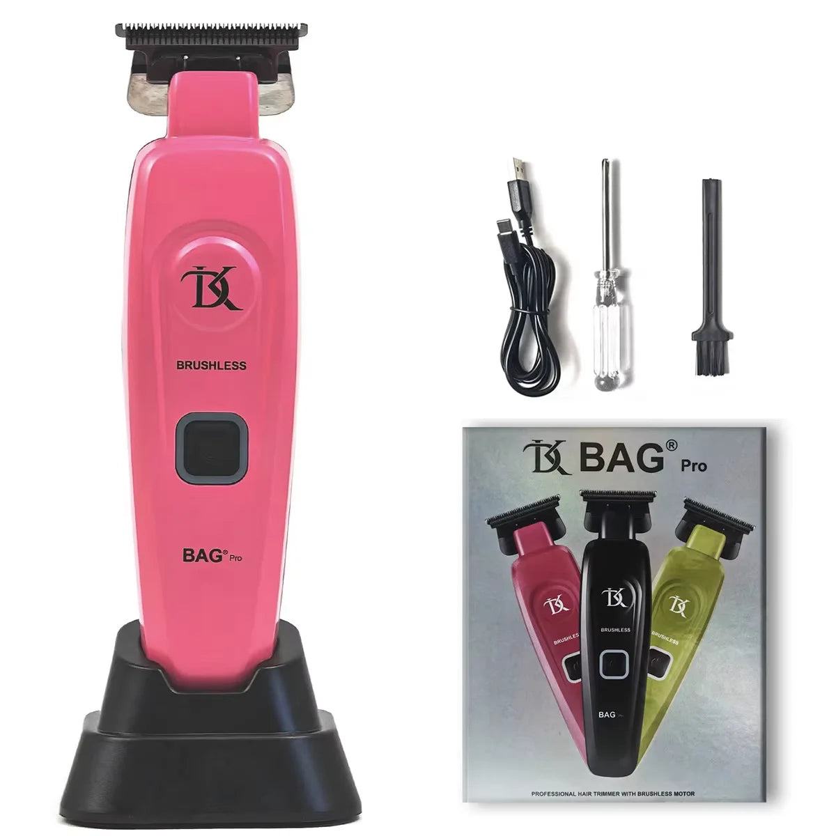A pink professional rotary hair trimmer kit with a black base and various attachments.