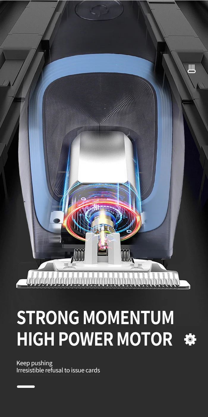 Close-up view of a professional rechargeable electric hair clipper motor assembly with visible internal components and a meta