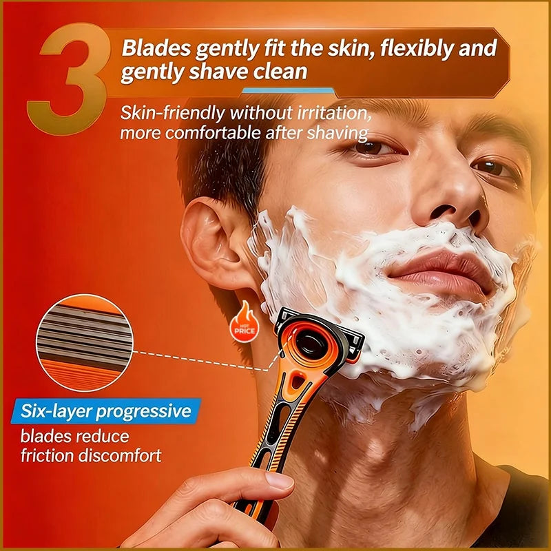 A man is shaving his face with a precision safety razor, showing a close-up of the foam and blades.