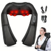 Black U-shape shiatsu massager with heat for neck, back, and shoulders shown with accessories.