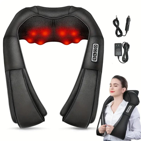 Black U-shape shiatsu massager with heat for neck, back, and shoulders shown with accessories.