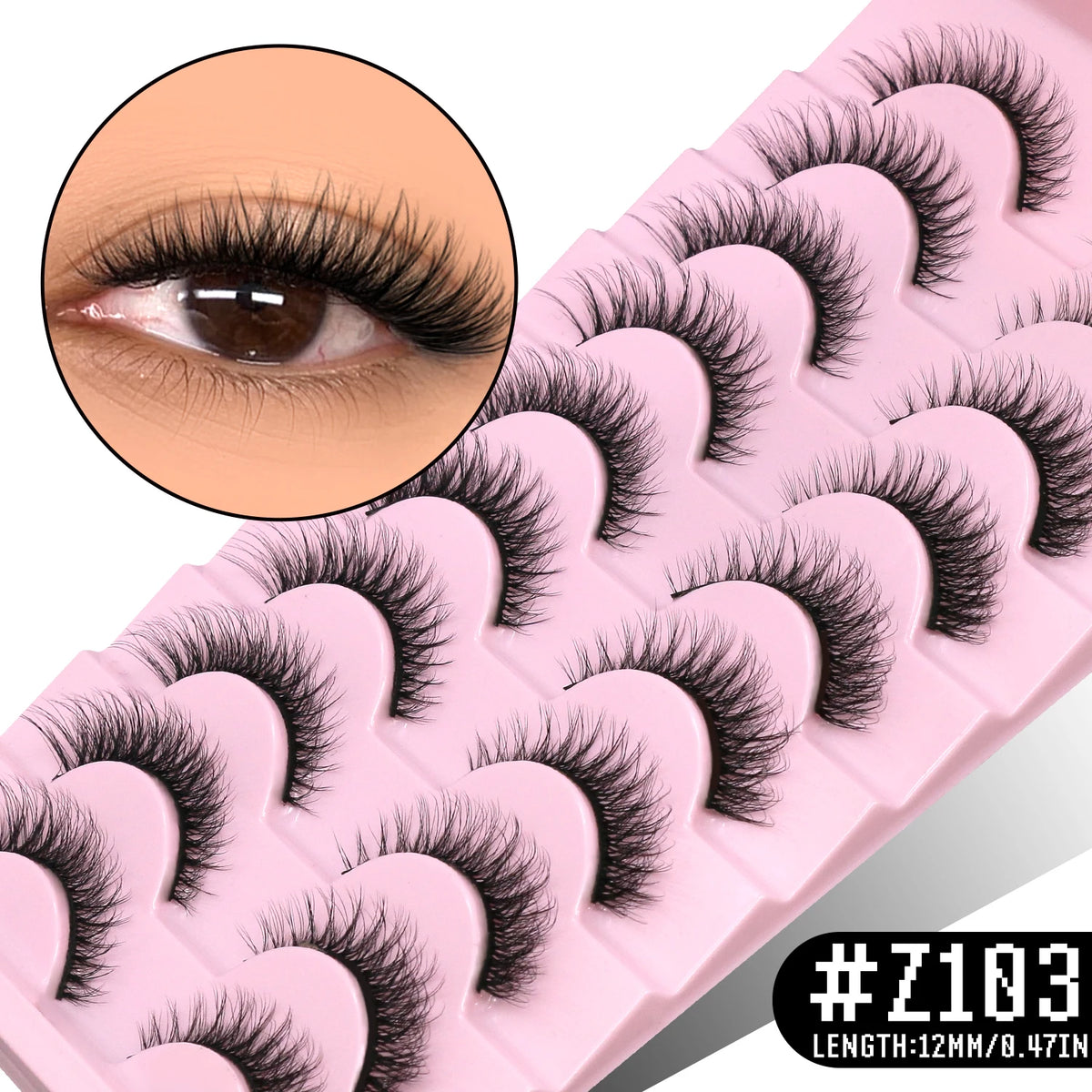 Close-up of pink wispy cat eye false eyelashes with a detailed view of the lash curl and length.