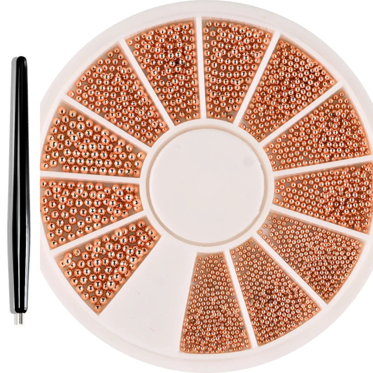A circular plate of gold mixed stainless steel bead nail art decorations arranged in radial sections.