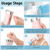Five steps showing how to use a pink portable high-pressure oral irrigator for cleaning the mouth.