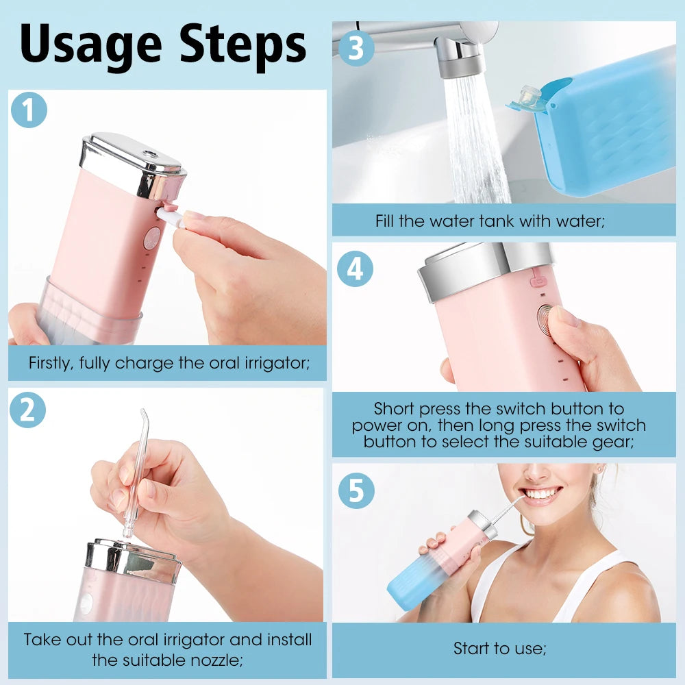 Five steps showing how to use a pink portable high-pressure oral irrigator for cleaning the mouth.
