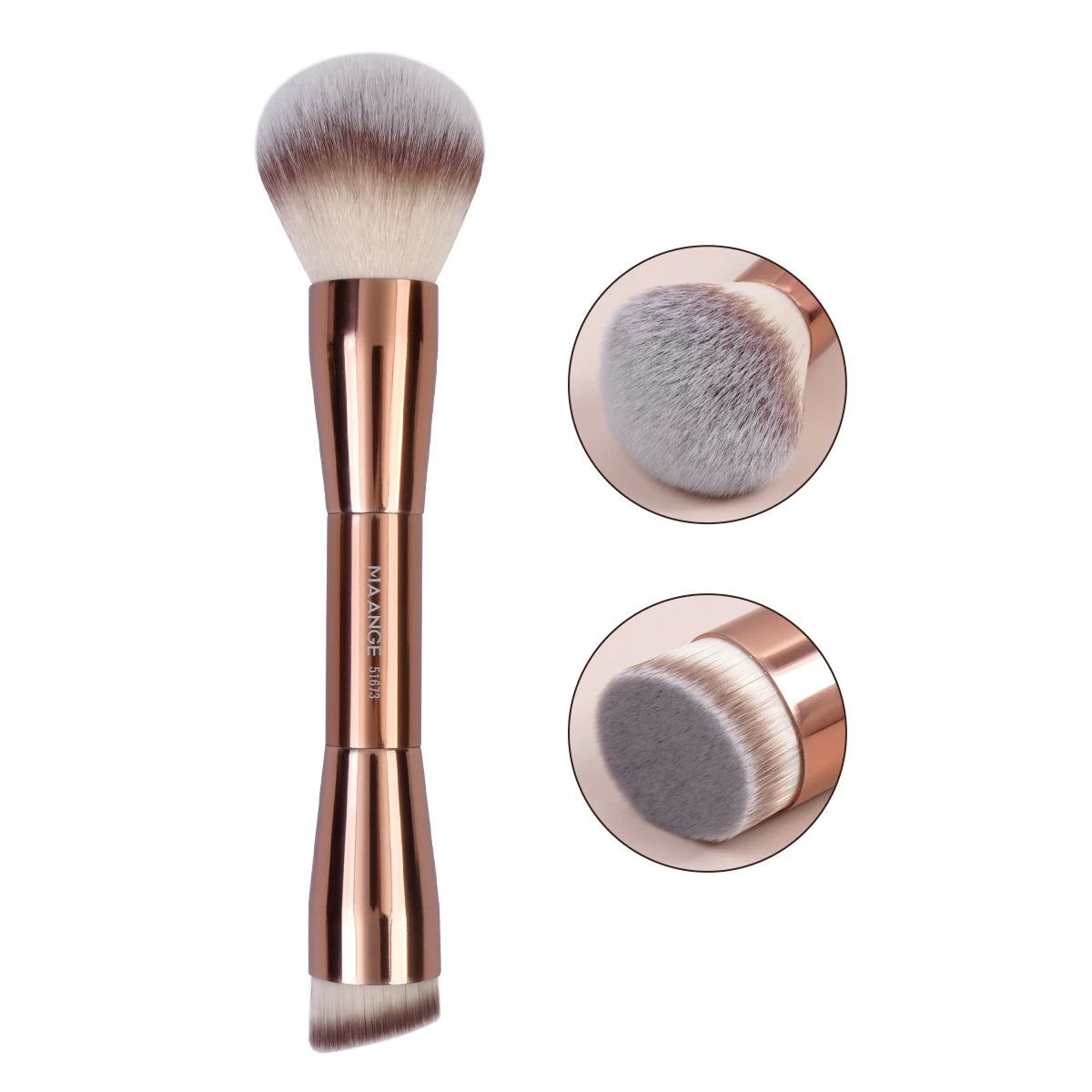 A double-ended makeup brush set featuring soft pink and gray synthetic bristles.