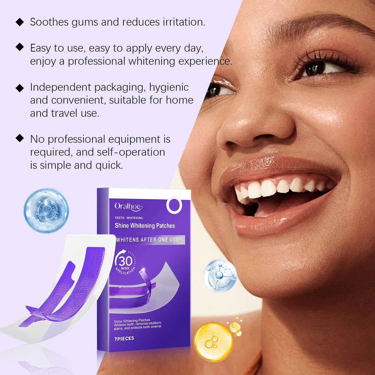 A woman smiles showing teeth and a box of Oralhue shine whitening patches for teeth whitening