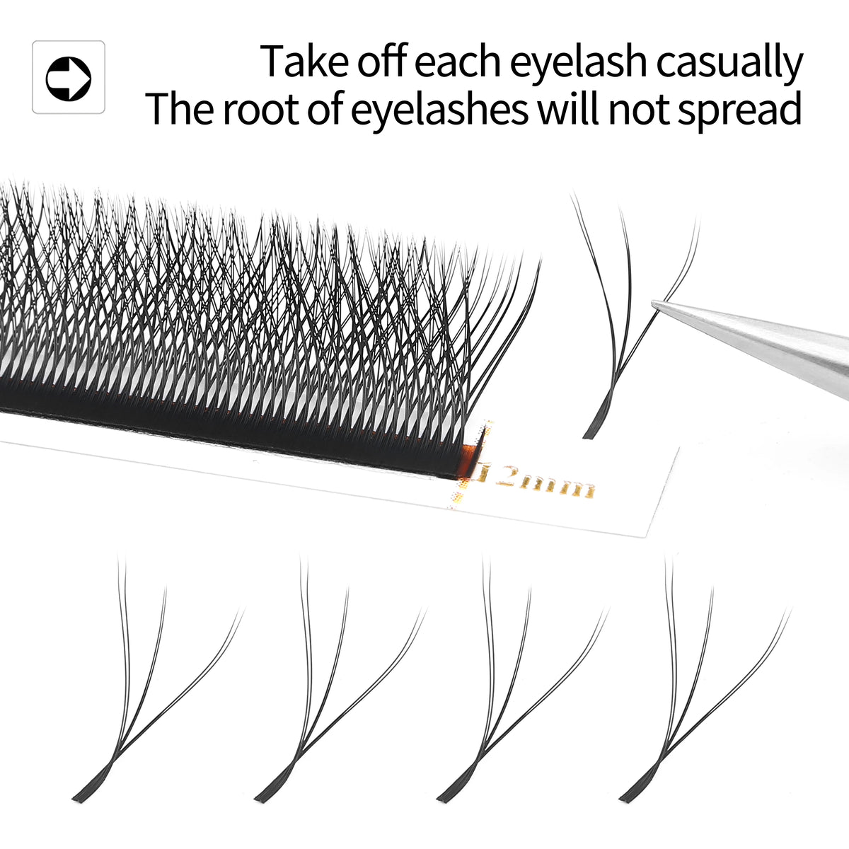 A close-up view of premade volume eyelash extensions showing individual lashes and a pair of tweezers.