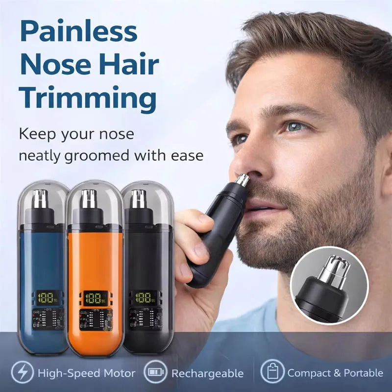 A man is using a portable electric nose hair trimmer, showing three versions of the device and its features.