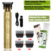 A gold-colored electric hair trimmer with various guard attachments shown next to the product box.