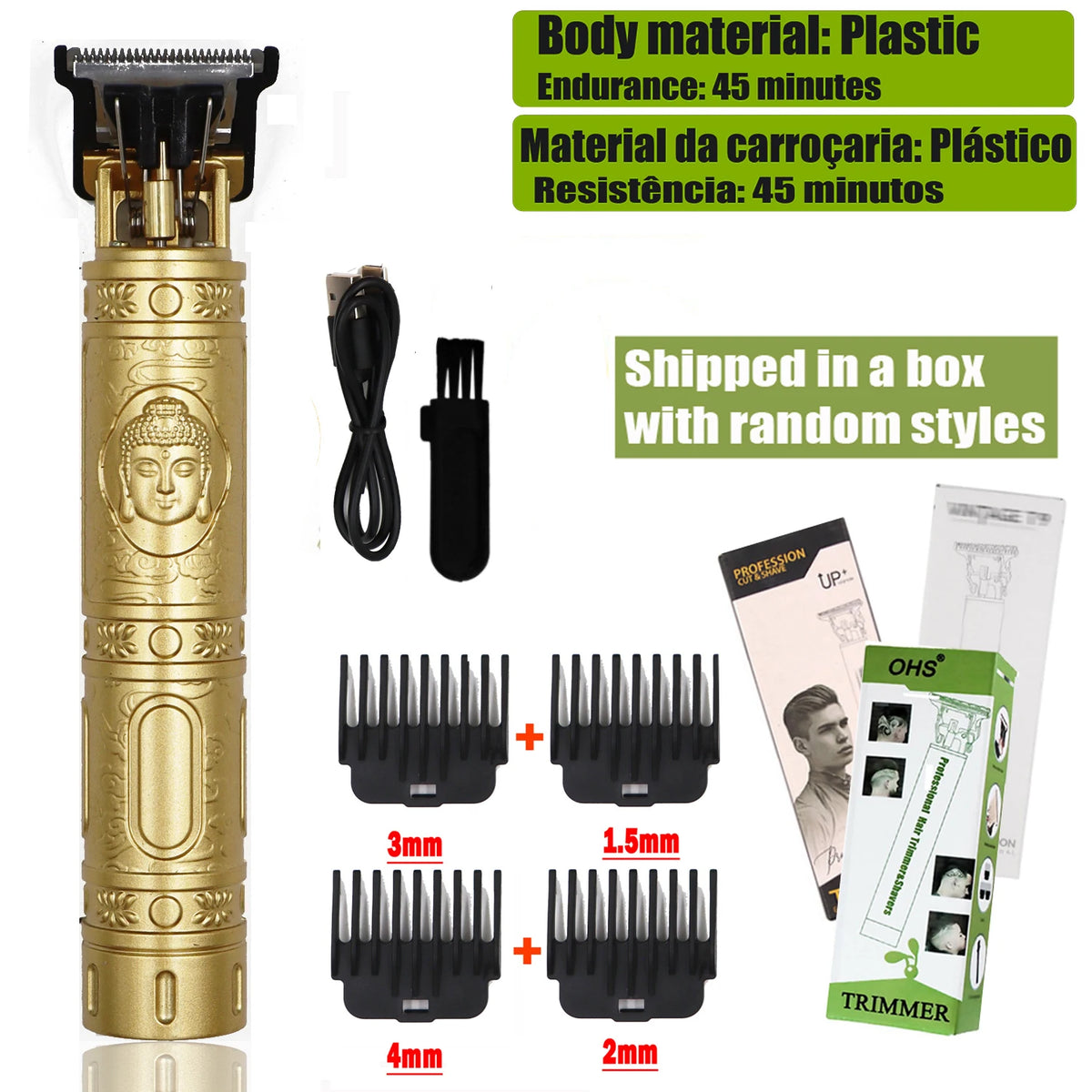 A gold-colored electric hair trimmer with various guard attachments shown next to the product box.