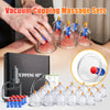 A collection of glass cupping sets and silicone cups are shown being used for massage on a person's skin.