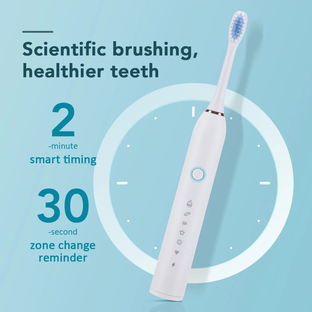 A white intelligent sonic electric toothbrush is shown next to a circular timer graphic.