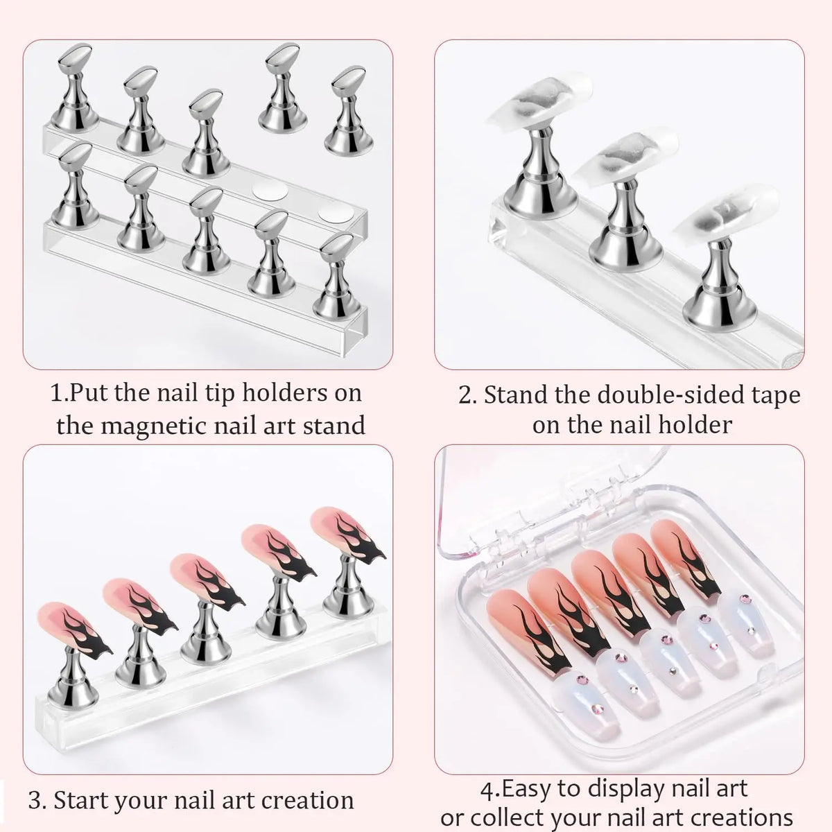 A set of magnetic nail art display stands and double-sided tape for creating and displaying nail art.